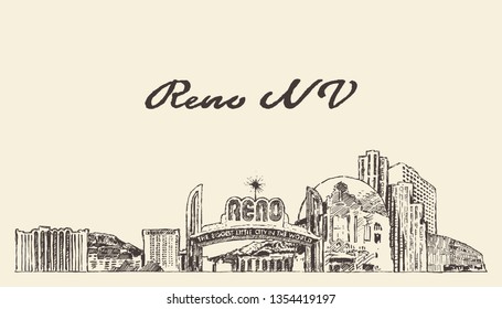 Reno skyline, Nevada, United States, USA, hand drawn vector illustration, sketch