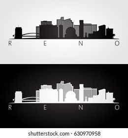 Reno USA skyline and landmarks silhouette, black and white design, vector illustration.