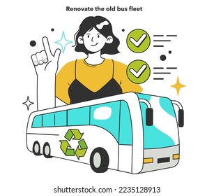 Renovate the old bus fleet for energy efficiency in the city. Municipal emissions reduction, modernisation of city environment. Flat vector illustration