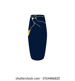 Renovated kintsugi japanese vase art color sketch engraving illustration. Imitation of scratch board style. Teapot, plate, vase