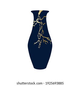 Renovated kintsugi japanese vase art color sketch engraving illustration. Imitation of scratch board style. Teapot, plate, vase