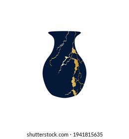 Renovated kintsugi japanese vase art color sketch engraving illustration. Imitation of scratch board style. Teapot, plate, vase