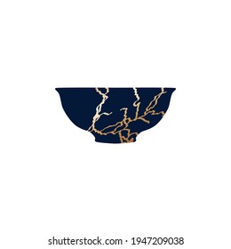 Renovated kintsugi japanese vase art color sketch engraving illustration. Imitation of scratch board style. Teapot, plate, vase