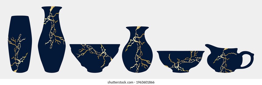 Renovated kintsugi japanese vase art color sketch engraving illustration. Imitation of scratch board style. Teapot, plate, vase set
