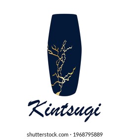 Renovated kintsugi japanese vase art color sketch engraving illustration. Kintsugi inscription.