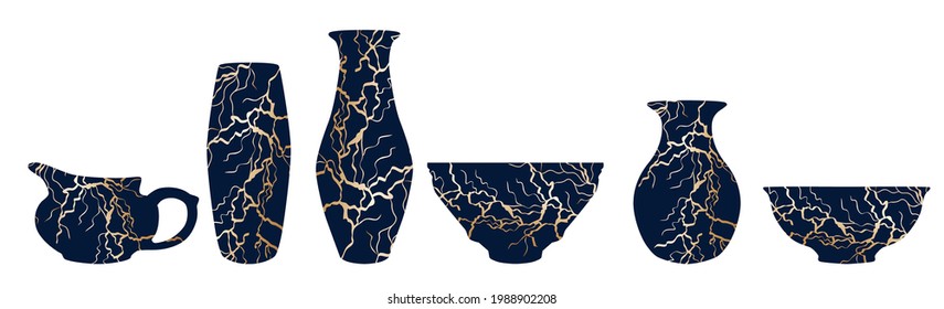 Renovated kintsugi japanese vase art color sketch engraving illustration. Imitation of scratch board style. Teapot, plate, vase set
