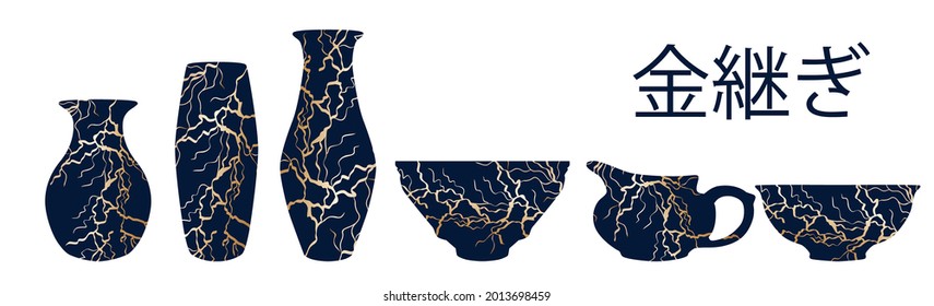 Renovated kintsugi japanese vase art color sketch engraving illustration. Kintsugi inscription. Imitation of scratch board style. Teapot, plate, vase set