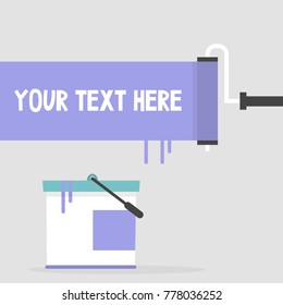 Renovating the house. Your text here. Template. Paint roller and bucket. Flat editable vector illustration, clip art