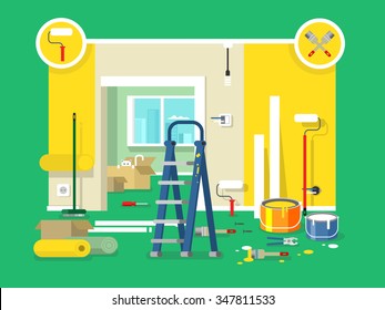 Renovation apartment flat design. Room in home, new interior. Vector illustration