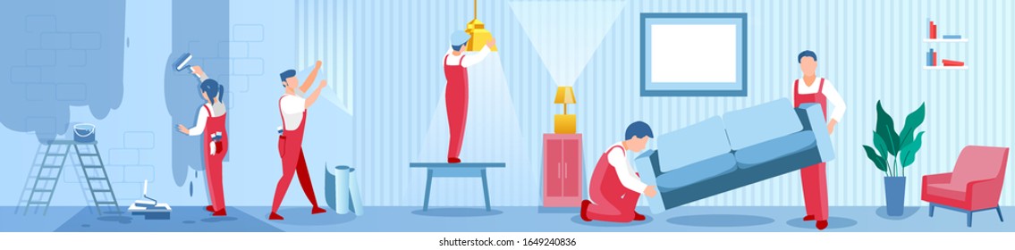Renovation of an apartments concept. Vector of workers painting walls installing lights decorating interior and bringing furniture in modern flat 