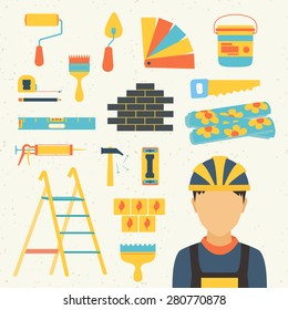 Renovation background and icon set with character