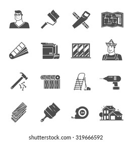 Renovation black icons set with hammer drill and worker avatar isolated vector illustration