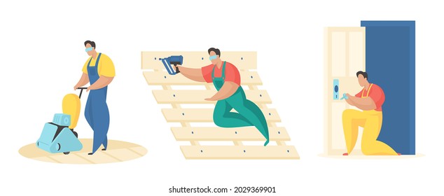 Renovation carpentry work. Men in uniform cleaning parquet with floor polisher and installing lock on door. Assembling wood flooring. Professional carpenter services. Vector flat illustration