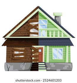 Renovation concept. Half of a house is depicted as old and worn, with boarded-up windows, cracked foundation, and decaying wood, while the other half is shown fully renovated with new siding, fresh