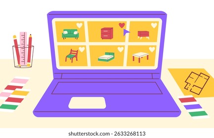 Renovation Concept. On the monitor screen site with furniture. Interior designer's workplace