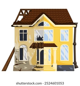 Renovation concept. A two-story house is depicted with one half in a dilapidated state, showing broken windows and peeling paint, while the other half is fully restored with a new roof and fresh