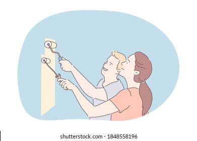 Renovation, decorating interior, colouring walls concept. Happy young couple cartoon characters standing and colouring wall with paintbrushes into pastel beige color together during construction works