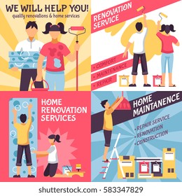 Renovation design concept with four retro style compositions with text and male female home improvement crew vector illustration