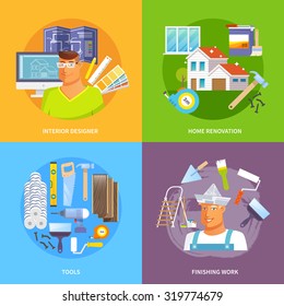 Renovation design concept set with interior designer and work tools flat icons isolated vector illustration