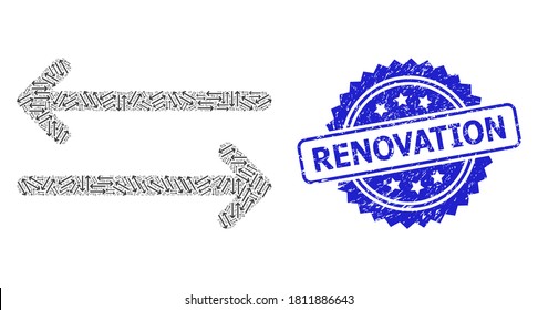 Renovation dirty stamp seal and vector fractal mosaic flip arrows horizontally. Blue stamp seal includes Renovation text inside rosette.