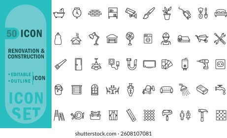 Renovation editable outline icon set. Construction, tools, furniture, plumbing, lighting, painting, decor, repair, flooring and more .
