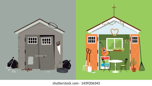 Renovation of a garden shed, before and after picture, EPS 8 vector illustration