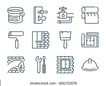 Renovation And Home Construction Related Vector Line Icons. House Repair And Construction Site Outline Icon Set.