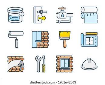 Renovation and Home construction related vector line color icons. House repair and construction site outline colorful icon set.