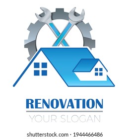 renovation home - logo design - house roof and gear with wrench