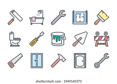 Renovation And Home Repair Color Line Icon Set. Building Tools And Equipment Linear Icons. Construction Site And House Improvement Colorful Outline Vector Sign Collection.