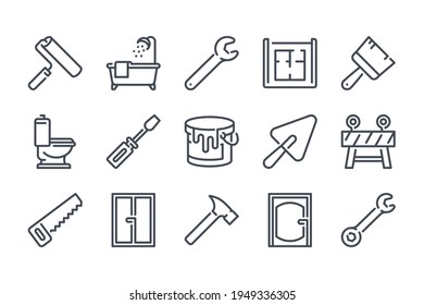 Renovation and home repair line icon set. Building tools and equipment linear icons. Construction site and house improvement outline vector sign collection.