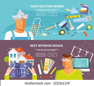 Renovation horizontal banner set with interior design and construction works elements isolated vector illustration