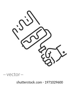 Renovation In House, Icon, Decorator With Paint Roller, Painter Hand, Wall Work, Thin Line Symbol On White Background - Editable Stroke Vector Eps10