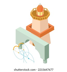 Renovation Icon Isometric Vector. Arch Project And Big Lighthouse Building Icon. Designing, Building, Reconstruction