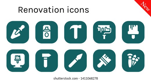 renovation icon set. 10 filled renovation icons.  Simple modern icons about  - Trowel, Foundation, Hammer, Paint roller, Paint brush, Brush, Brushes