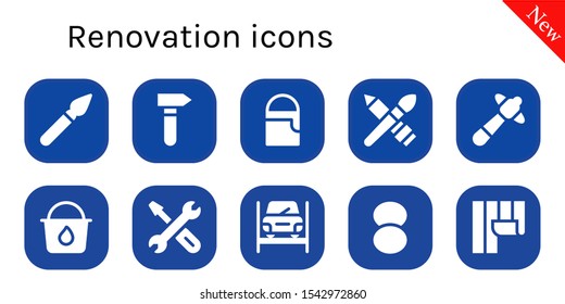 renovation icon set. 10 filled renovation icons.  Collection Of - Paint brush, Hammer, Paint bucket, Brush, Repair, Repairing, Foundation, Wallpaper icons