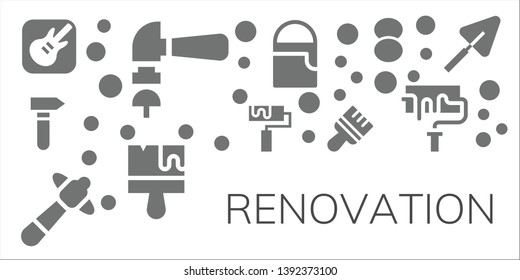 renovation icon set. 11 filled renovation icons.  Simple modern icons about  - Garage band, Hammer, Roller, Brush, Paint bucket, Foundation, Paint roller, Trowel