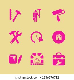 renovation icon. renovation vector icons set man with paint roller and bucket, paint can, update time and fireplace