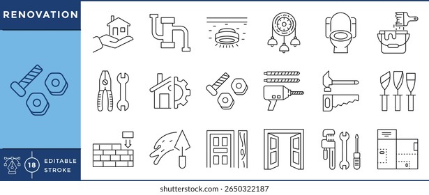 Renovation icons set. Mend, tools, decoration, setup, paint, furnish, and many more. Vector editable stroke.