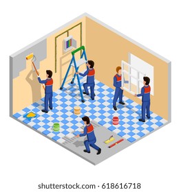 Renovation isometric composition with work equipment and redecoration symbols vector illustration