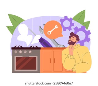 Renovation in kitchen. Man with wrench and screwdriver near faulty stove. Repair and maintenance. Repairman fixing problems in kitchen. Fitting and assembling. Flat vector illustration
