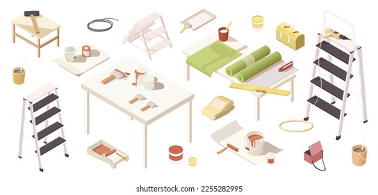 Gran juego de herramientas de pintores para la renovación. Pintar rodillo, cepillo, papel pintado y latas con pintura. Escalera de decoración. Iconos del kit de pintores de pared aislados isométricos 3d sobre fondo blanco. Ilustración del vector