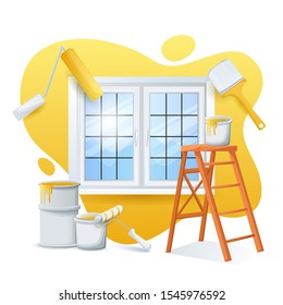 Renovation and painting house concept. Vector flat cartoon illustration. Ladder, paint cans, roller, paintbrush on yellow color painted wall background. Works of home repair.