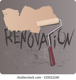 Renovation. Painting roller covering a dark wall with fresh paint