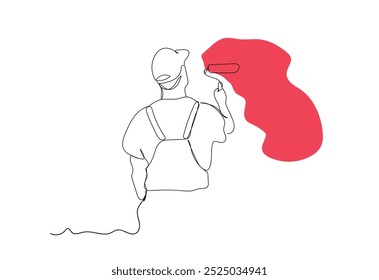 Renovation in Progress Continuous Line Art of Painting Worker.  Home Refresh One Line Drawing of Man Painting Wall with Roller. Hand made vector not AI.