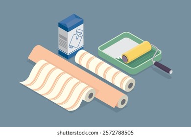 Renovation and reconstruction concept. Paint roller, glue, paint tray and wallpaper rolls. 3d flat isometric vector illustration.