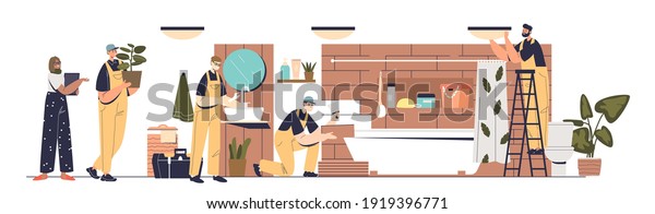 Renovation and repair in bathroom: team of\
repairmen and designer working on new bath interior installing\
lamps, repairing sink and laying tiles. Handyman service concept.\
Flat vector\
illustration