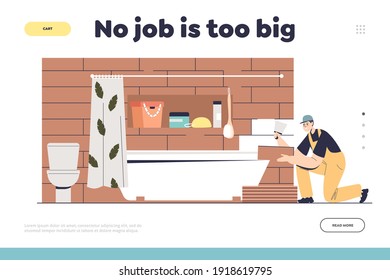 Renovation And Repair Work Concept Of Landing Page With Tiler Laying Ceramic Tiles In Modern Bathroom. Interior Improvement Service Company. Cartoon Flat Vector Illustration