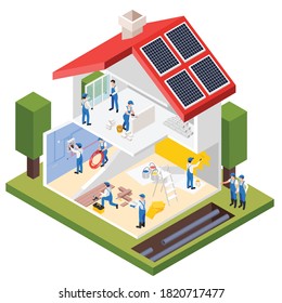 Renovation repair works isometric composition with profile view of private house under maintenance with workers brigade vector illustration