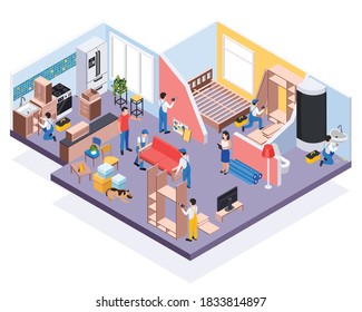 Renovation repair works isometric composition with view of apartment and workers assembling furniture and bathroom fixtures vector illustration